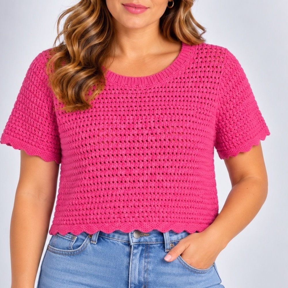 Gap Pink Crochet Knit Short Sleeve Sweater XS Cotton Open Knit Scallop Hem Crop